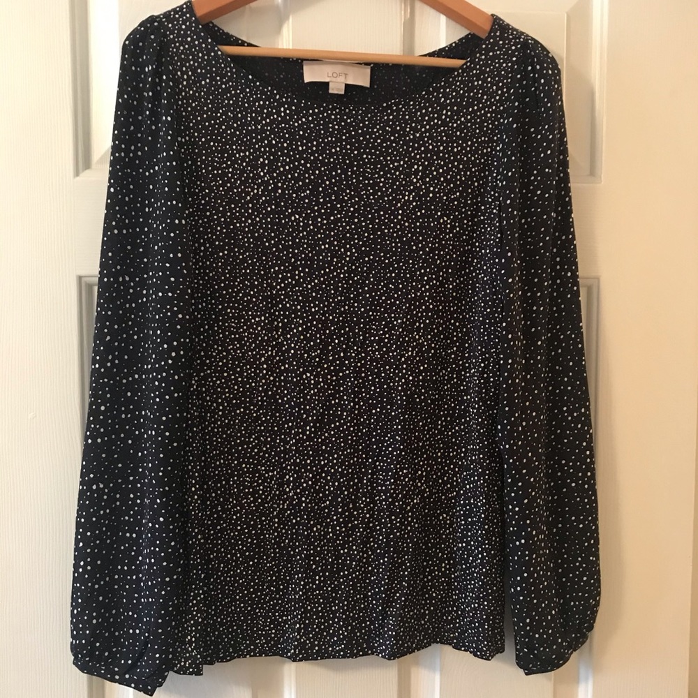 LOFT navy long sleeve white dot blouse